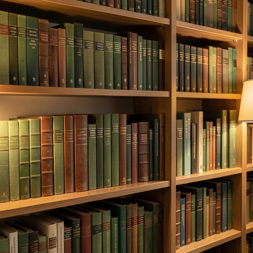 Estantería de biblioteca con libros de ciencias naturales y botánica encuadernados en lino y cuero en tonos verdes y marrones, con luz cálida de lámpara de lectura lateral
