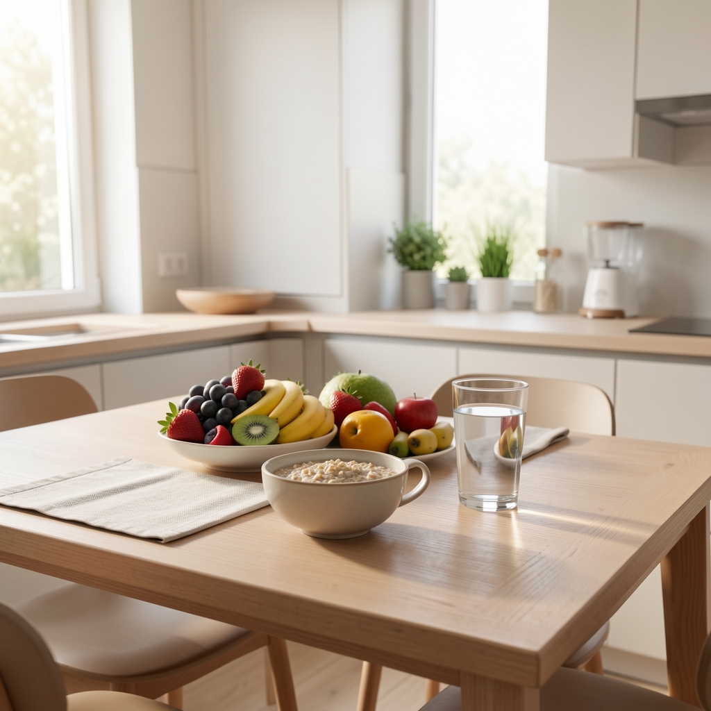 Mesa de desayuno ordenada con tazón de avena, frutas frescas de temporada, vaso de agua y luz de mañana entrando por ventana grande en cocina minimalista de tonos claros