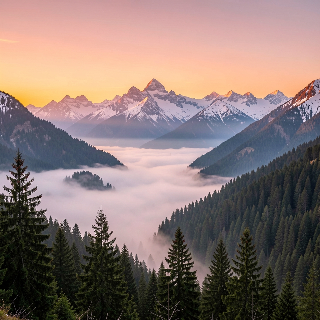 Paisaje de montaña al amanecer con niebla suave entre valles boscosos, cielo en tonos naranja y rosa, árboles de pino en primer plano y cumbres nevadas al fondo